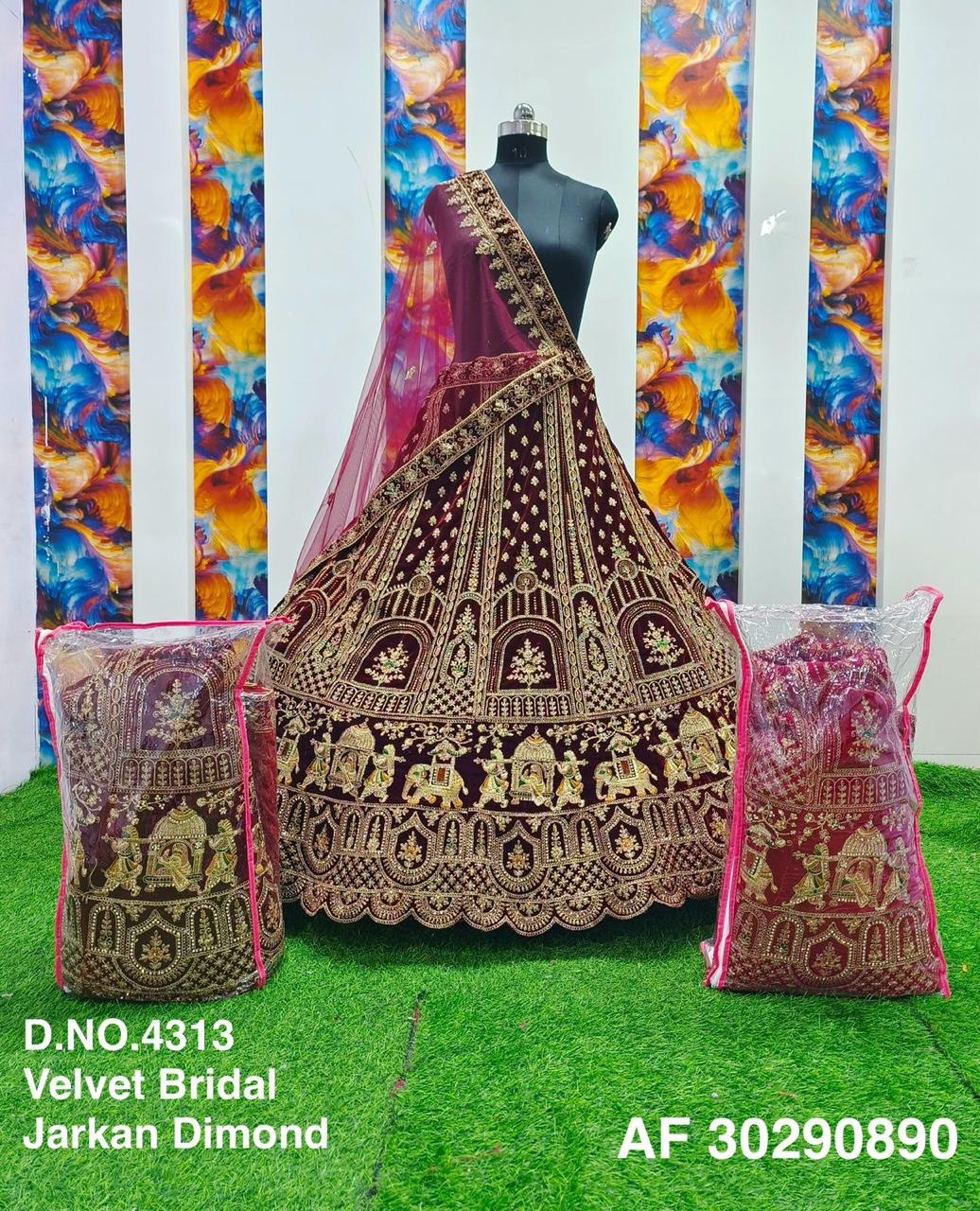 Elegant Marron Velvet Bridal Lehenga With diamond embroidery choli