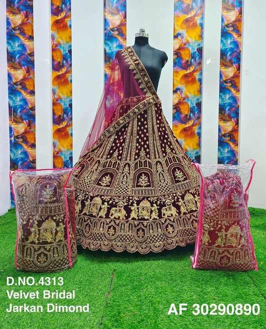 Elegant Marron Velvet Bridal Lehenga With diamond embroidery choli