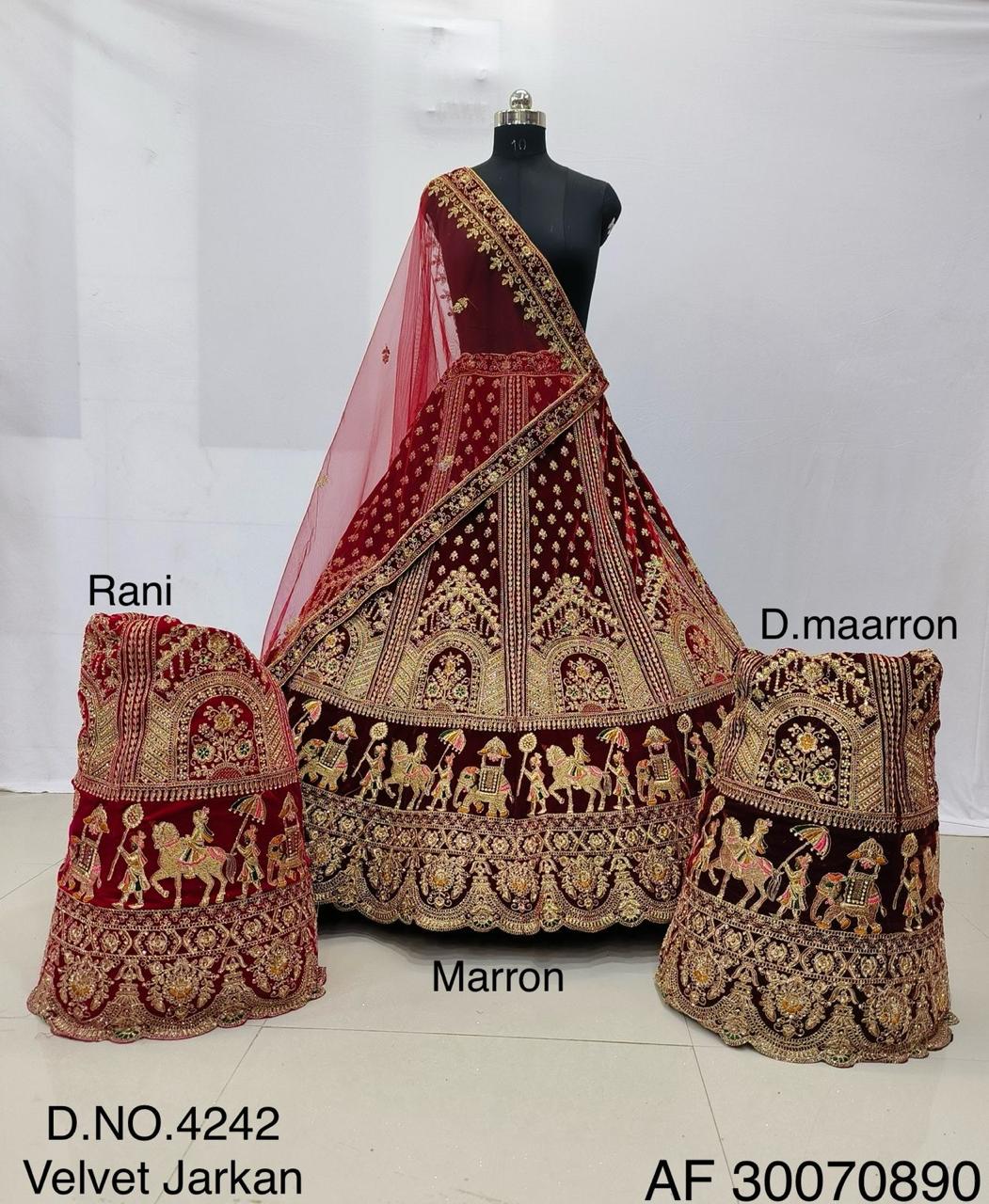 Royal Marron Velvet Jarkan Bridal Lehenga diamond embroidery choli