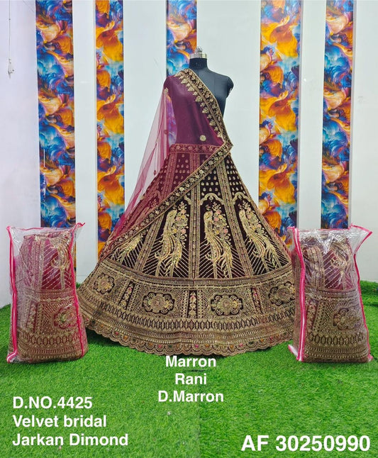 Luxury Marron Velvet Bridal Lehenga With Jarkan diamond embroidery choli