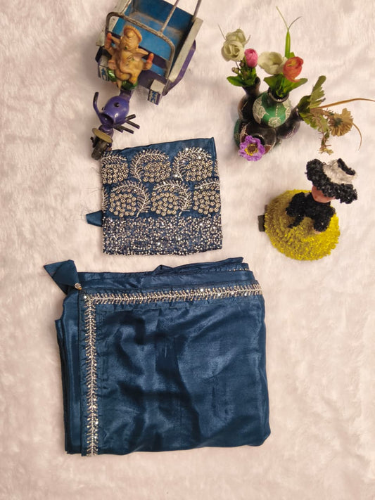 Elegant Teal Blue Satin Saree Set