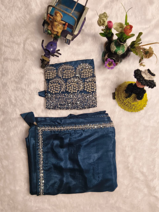 Elegant Teal Blue Satin Saree Set