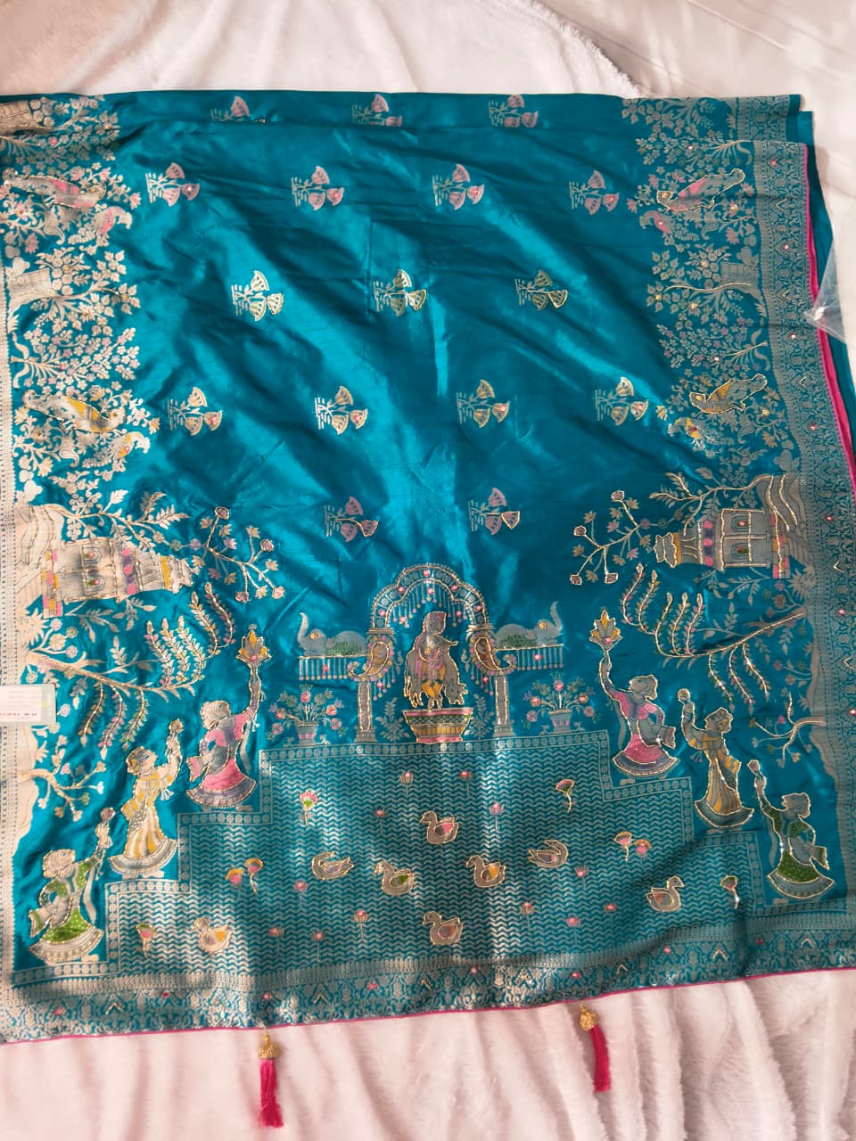 Royal Blue Pashmina Silk Saree with Gopi Krishna Fancy Artwork