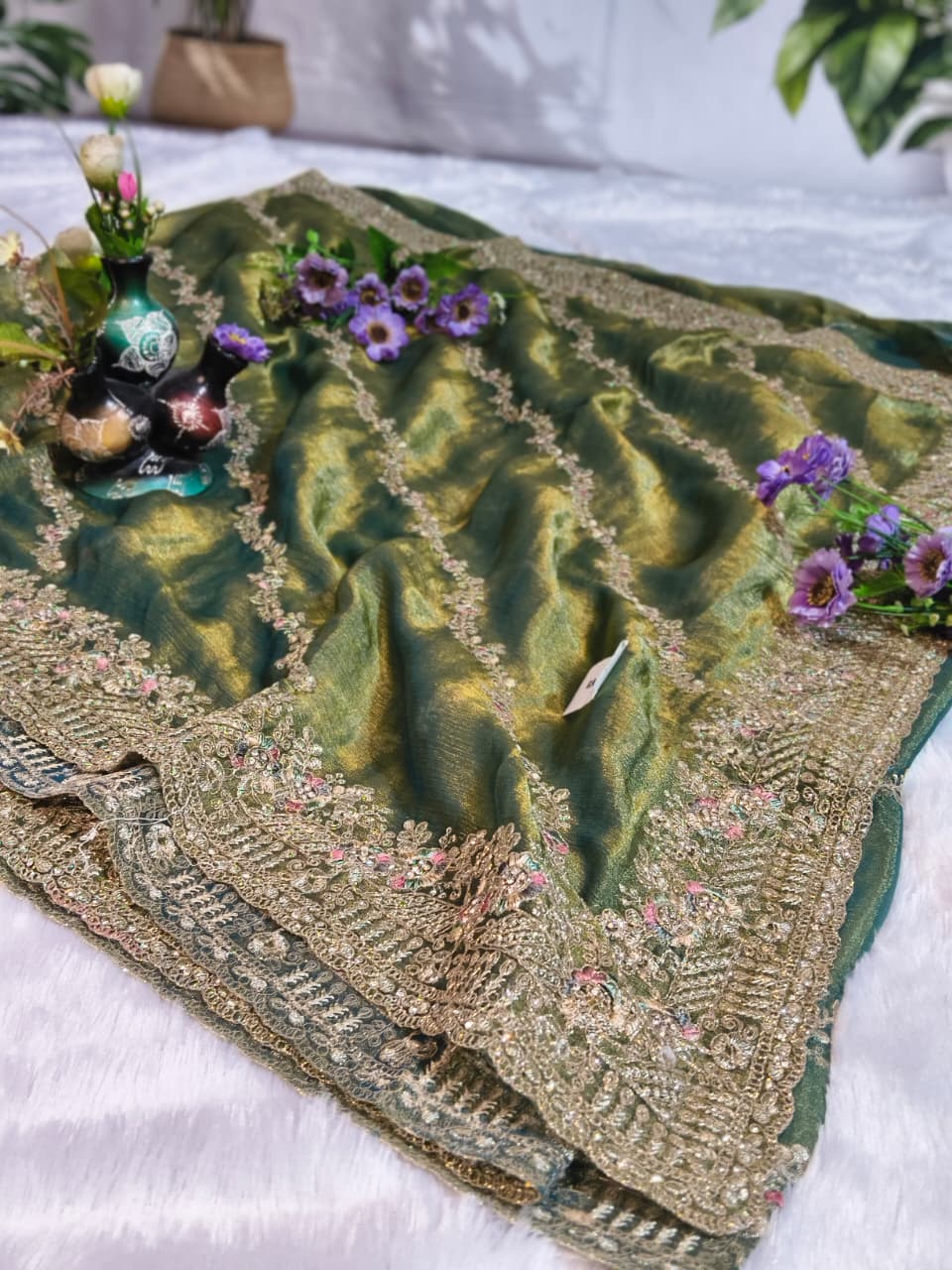 Royal Green GMY Silk Saree with Heavy Jari & Jarkhan Diamond Work