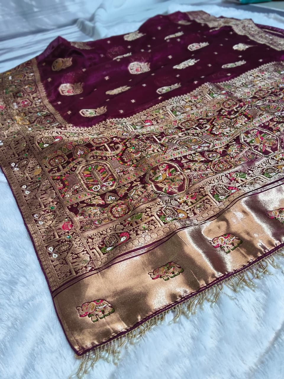 Royal Pure Silk Saree with C-Pallu Heavy Mirror & Moti Work