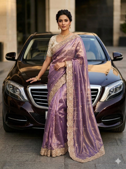 Soft space silk Satin Saree with heavy embroidery sequence