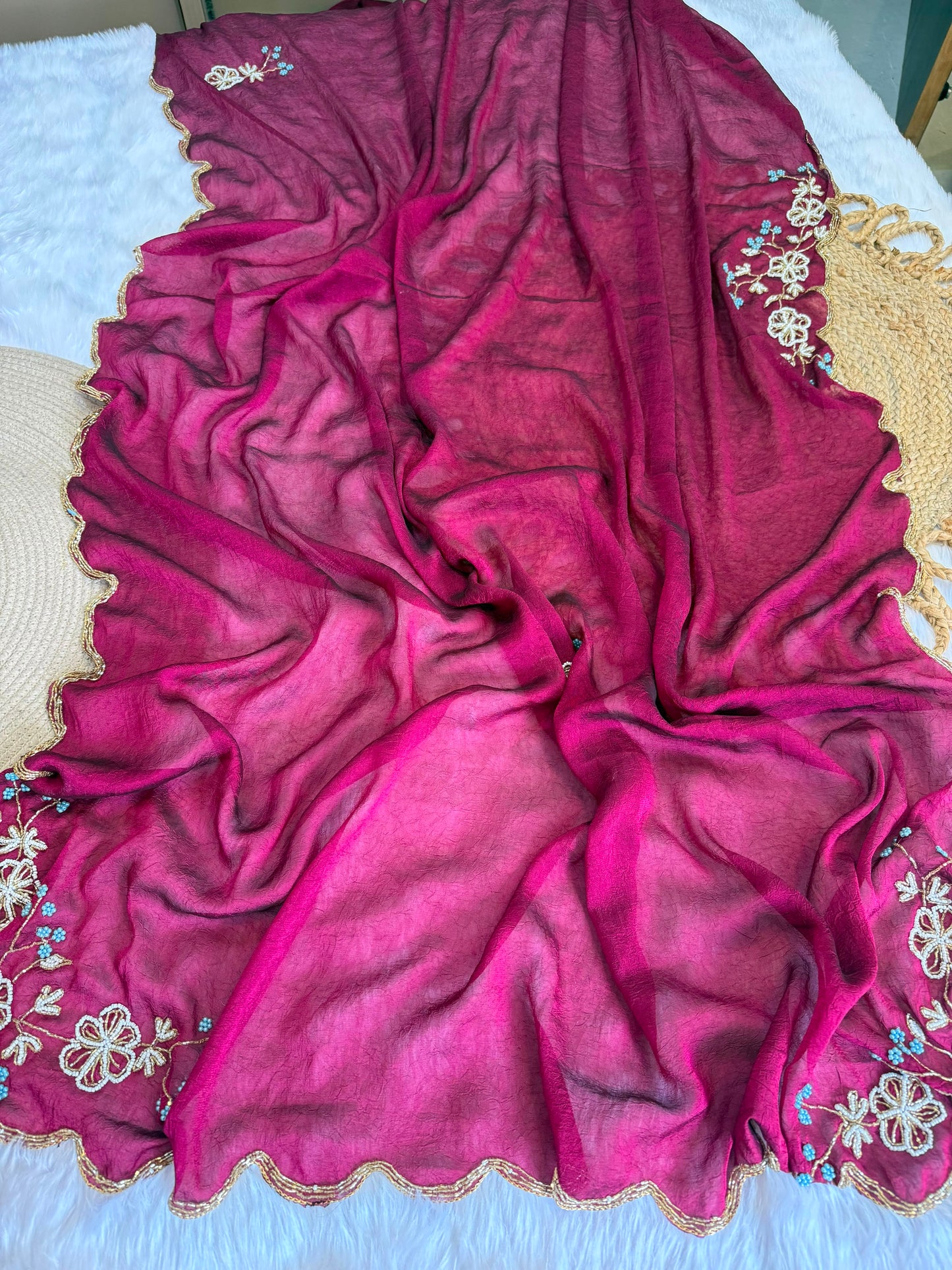 Rangoli crush saree with pearl nd cutdena handwork