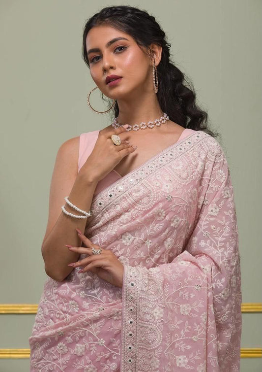 Faux geogert saree with white thread & seqnce saree