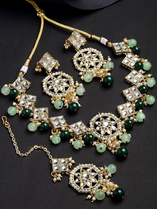 Gold-Plated Green Kundan Studded & Beaded Jewellery Set