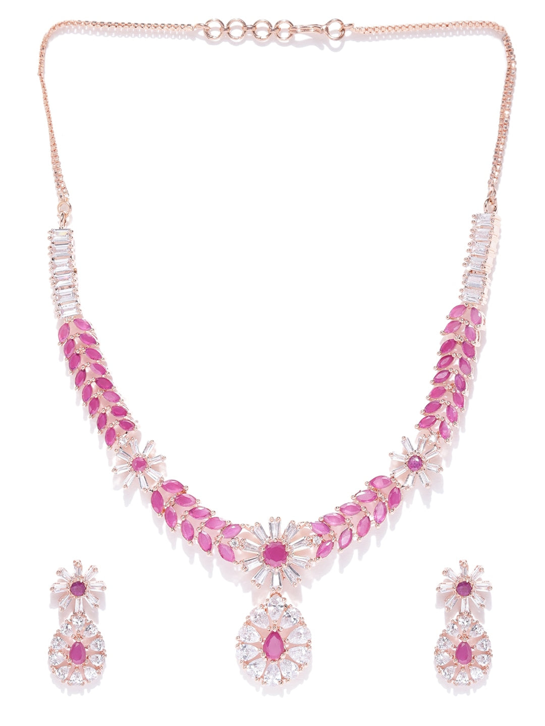 Pink & Rose Gold-Toned Silver-Plated American Diamond Studded Jewellery Set