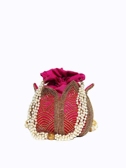 Women Pink & Gold-Toned Embroidered Embroidered Potli Clutch
