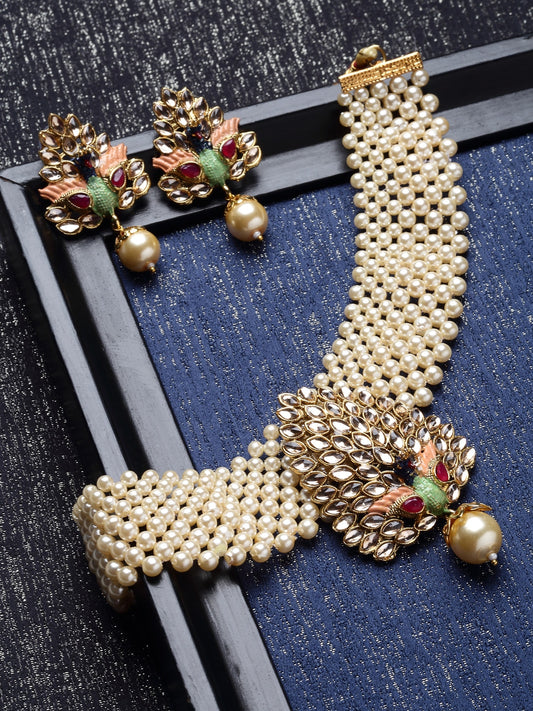Women Gold-Plated Stone-Studded & Pearl Beaded Handcrafted Jewelry Set