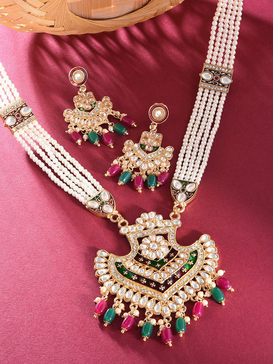 Gold-Plated Red & Green Kundan Studded Jewellery Set