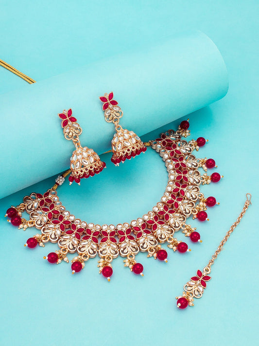 Gold-Plated Red & White Stone-Studded Pearl Beaded Temple Jewellery Set