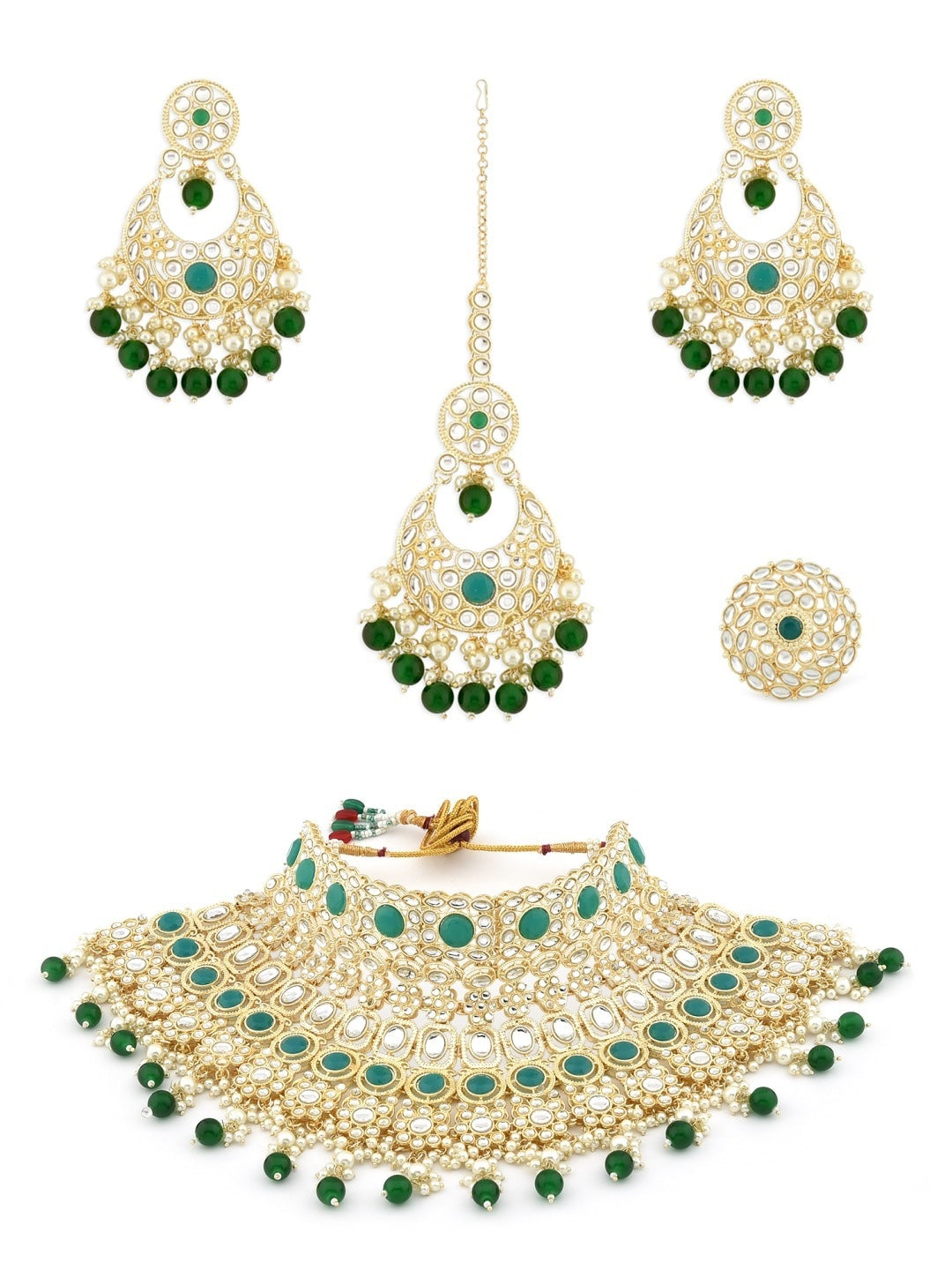 Green & White Gold-Plated Kundan-Studded & Pearl Beaded Jewellery Set