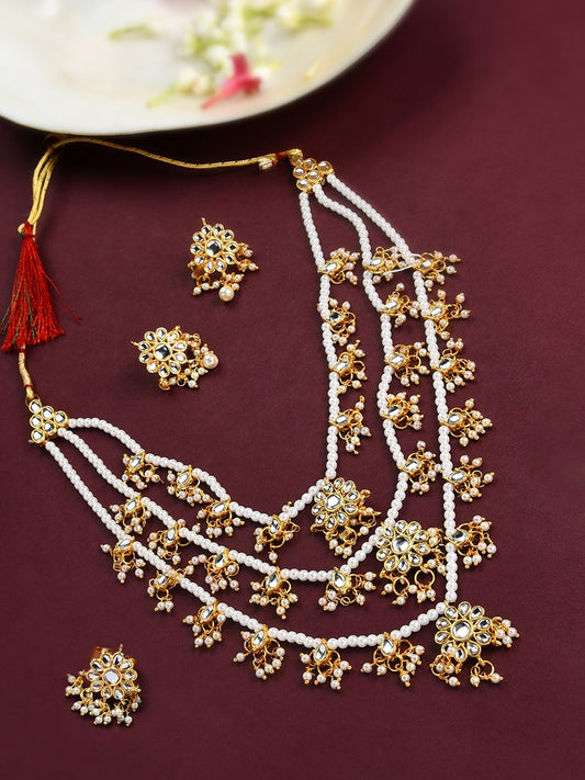 Gold-Plated & White Kundan-Studded & Pearl Beaded Jewellery Set