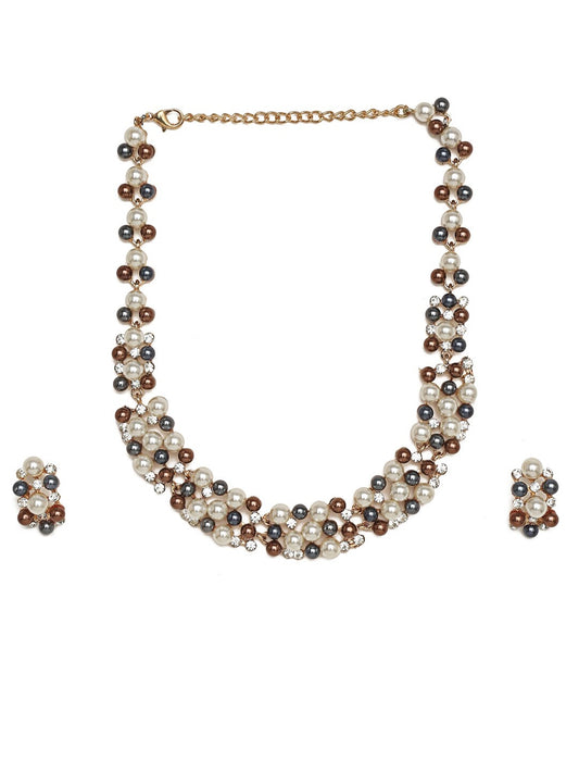 Gold-Plated Brown & White Stone-Studded Jewellery Set