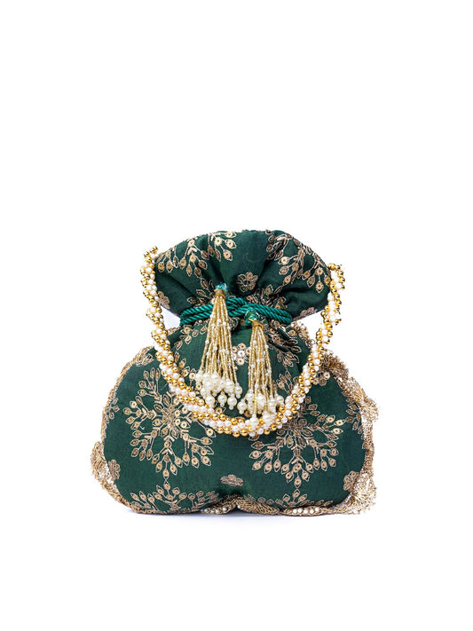 Green & Gold-Toned Embroidered Embroidered Potli Clutch