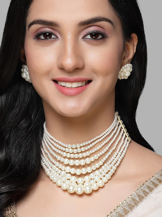 Gold-Plated Pearl Beaded Choker Necklace & Earrings
