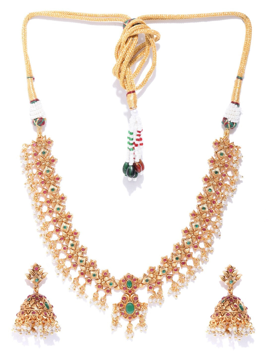 Maroon & Green Antique Gold-Plated Stone-Studded Handcrafted Jewellery Set