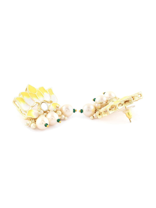 Yellow Crystals Lotus Meenakari Choker Necklace Earring & Ring Set