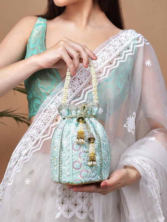 Blue & White Embroidered Potli Clutch