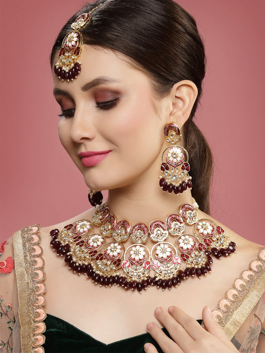 Gold-Plated Red Kundan & Pearl-Studded Meenakari Choker Jewellery Set