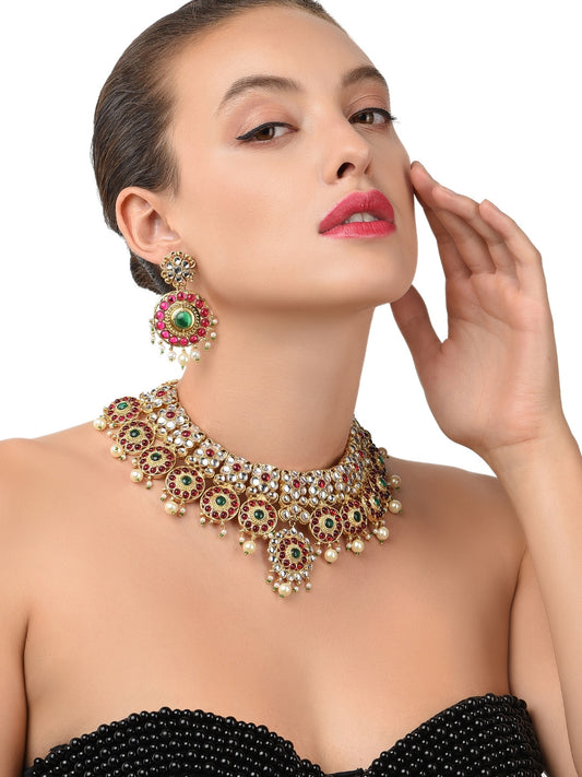 Gold-Plated & Pink Embellished Jewellery Set