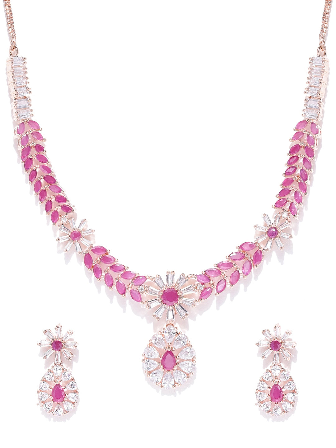 Pink & Rose Gold-Toned Silver-Plated American Diamond Studded Jewellery Set