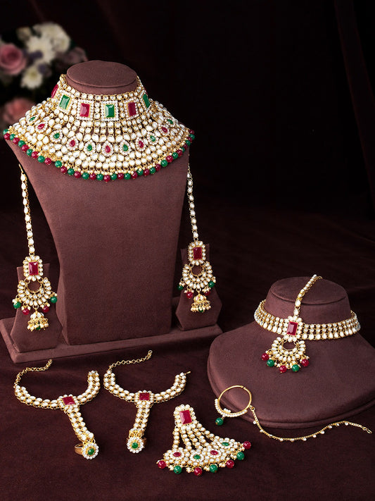 Green & Maroon 18K Gold-Plated Jadau Kundan Studded & Beaded Jewellery Set