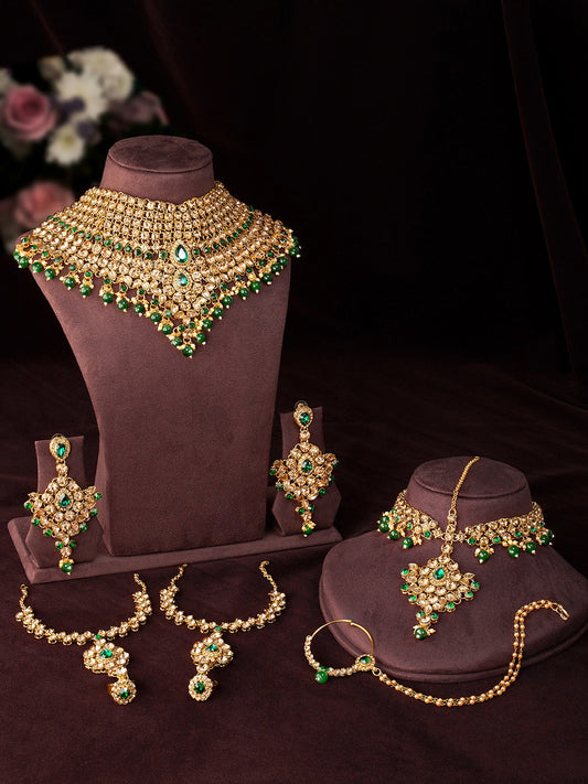 Champagne & Green Gold-Plated Crystals Embellished Bridal Jewellery Set