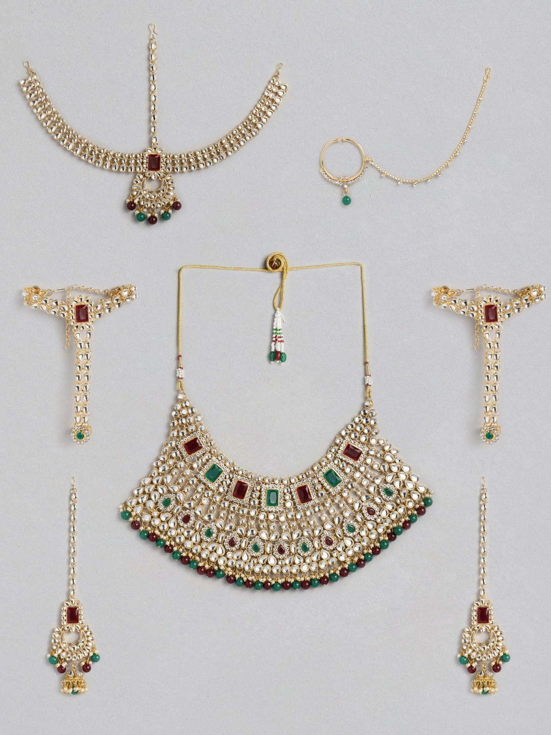Green & Maroon 18K Gold-Plated Jadau Kundan Studded & Beaded Jewellery Set