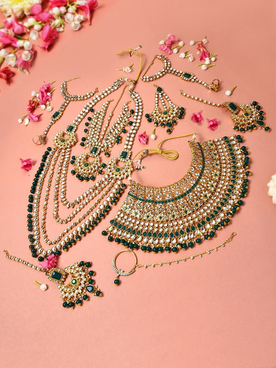 Gold-Plated Green & White Kundan-Studded & Beaded Bridal Jewellery Set