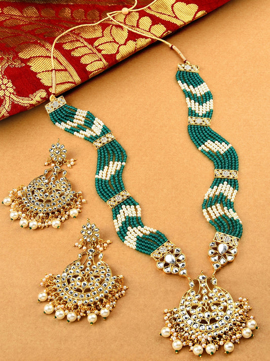 Green & White Gold-Plated Kundan Studded Bridal Jewellery Set