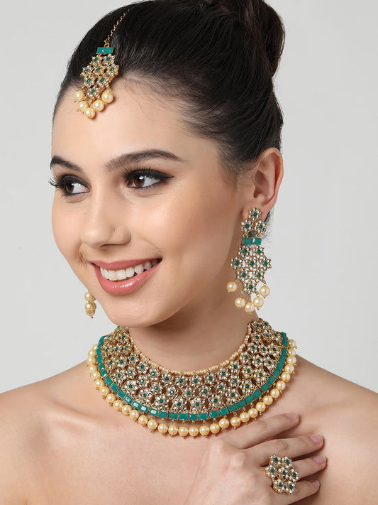 Gold-Plated Green & White Kundan-Studded & Beaded Jewellery Set
