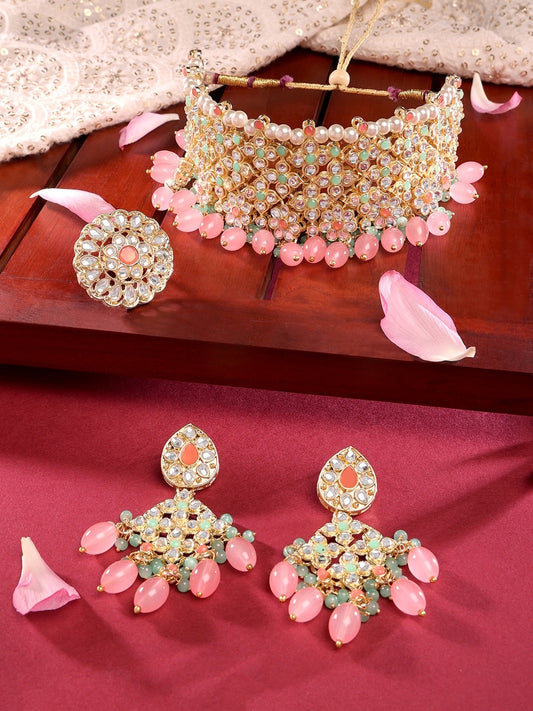 Gold-Plated Pink Kundan Stone-Studded Choker Necklace Set