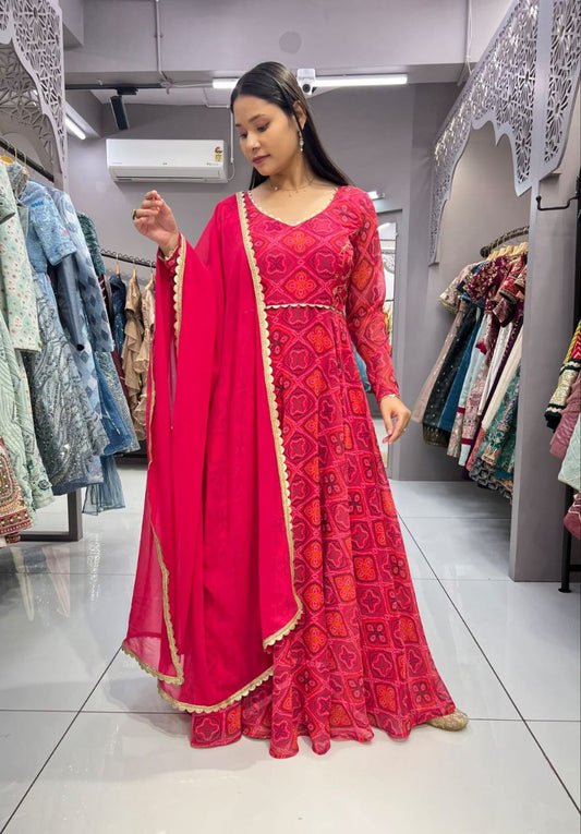 Designer Rani Bandhani Gown (Full Stitch)