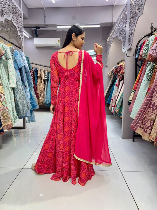 Designer Rani Bandhani Gown (Full Stitch)