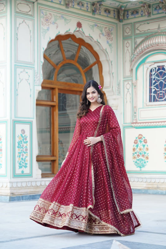 Nylon Jacquard Butti With  Embroidery Zari Sequins-work Gown
