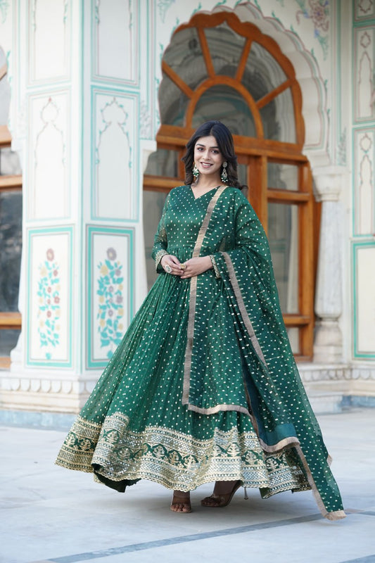 Nylon Jacquard Butti With  Embroidery Zari Sequins-work Gown
