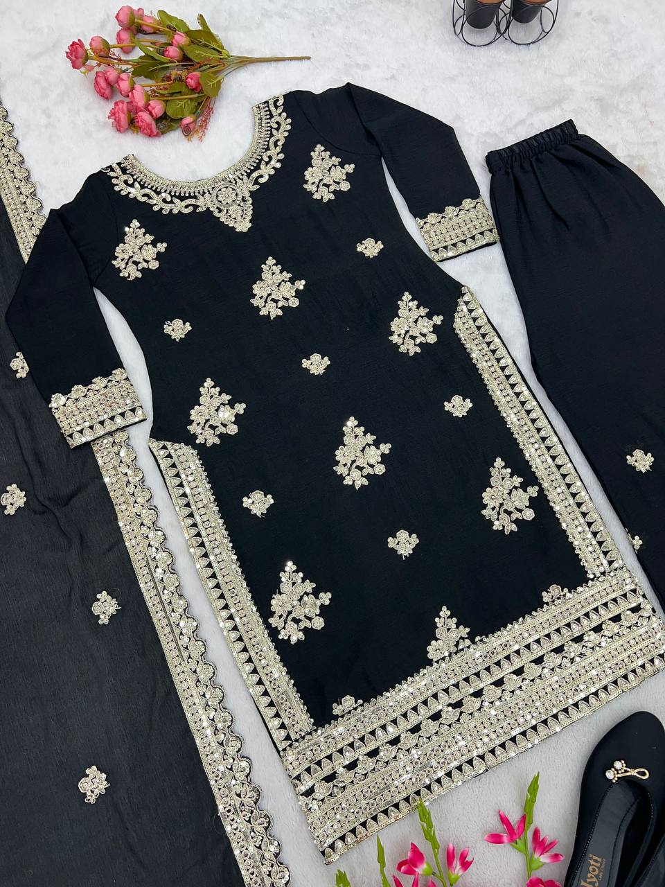 New Chinnon Silk With Heavy Cording Embroidery Sequence Work Top-Plazo And Dupatta Set