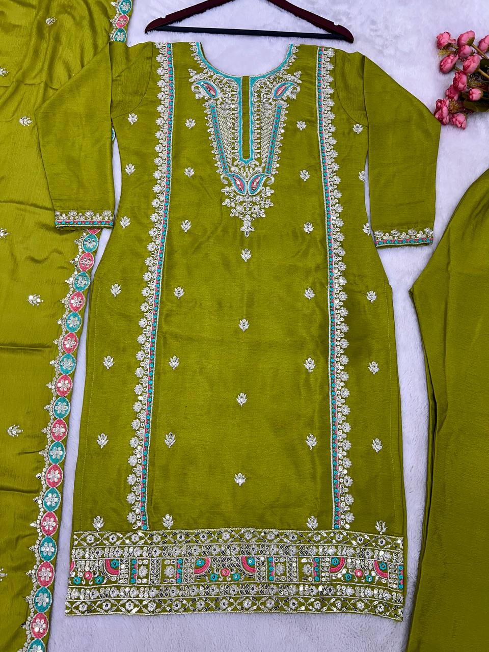 New Designer Collection In Pure Chinnon With Heavy Embroidery Sequence Work