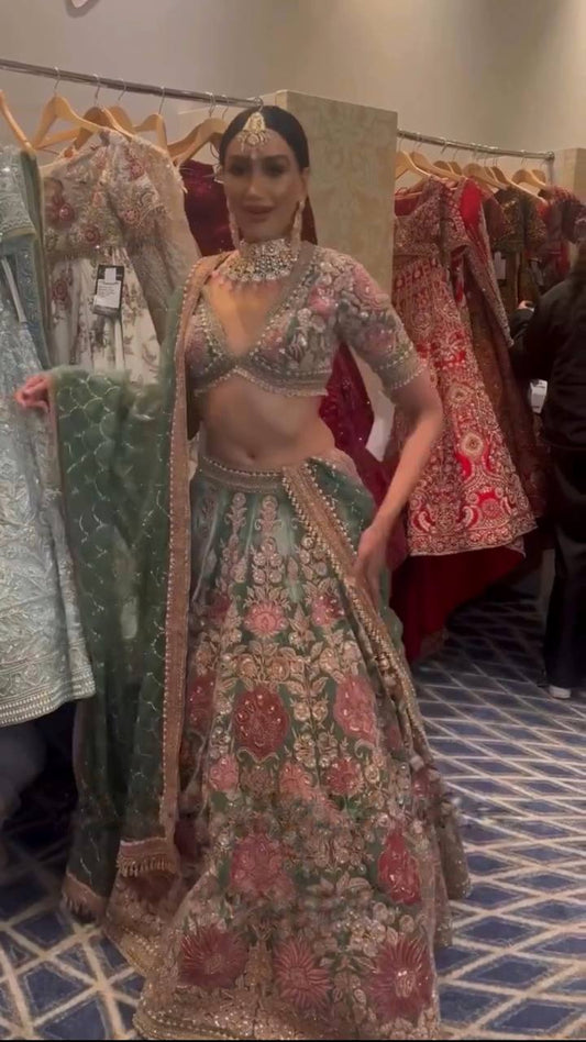 Launching 3.5 Meter Flared Embroidery Sequins Work Lehenga