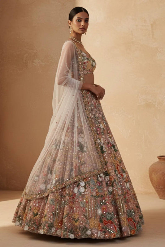Net lehenga with rainbow sequins Dori & thread work choli