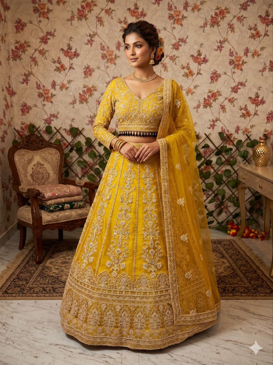 Sehen Sie umwerfend aus in diesem wunderschönen cremefarbenen Lehenga-Set