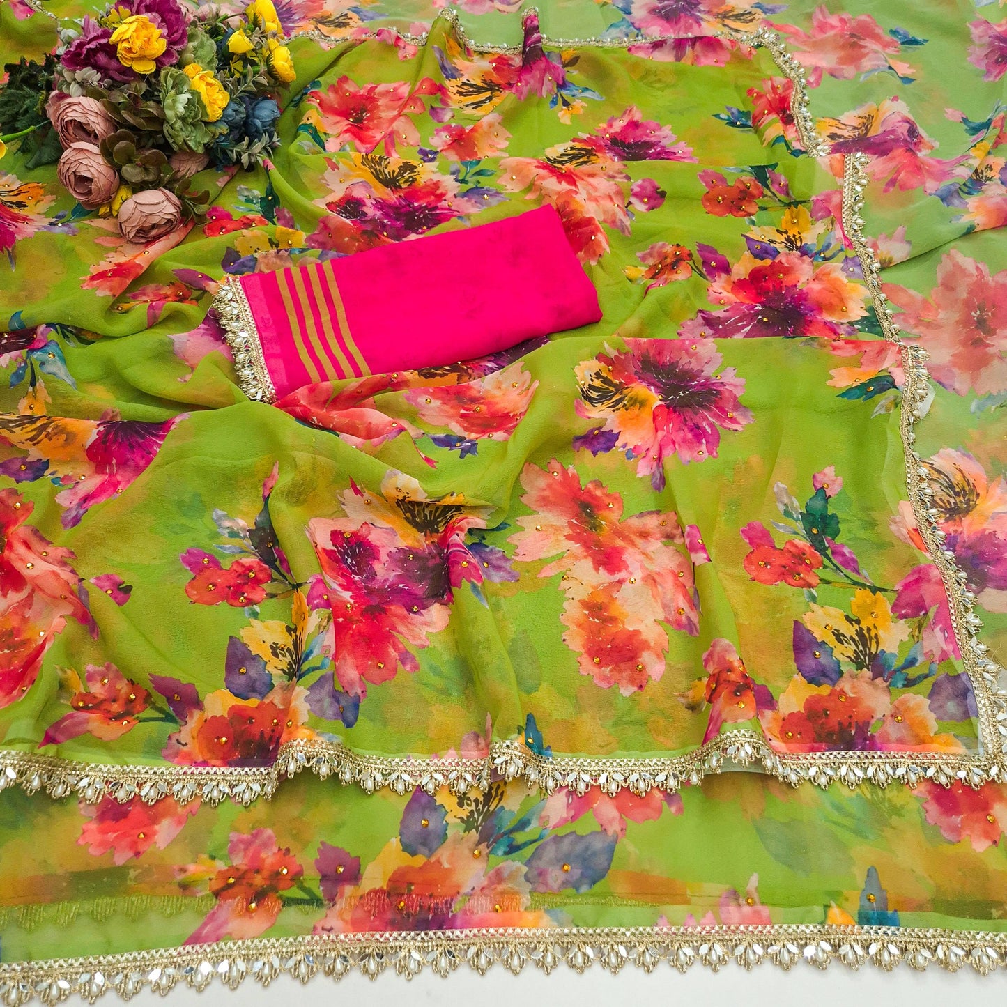 Soft pure Georgette golden diamond work sarees