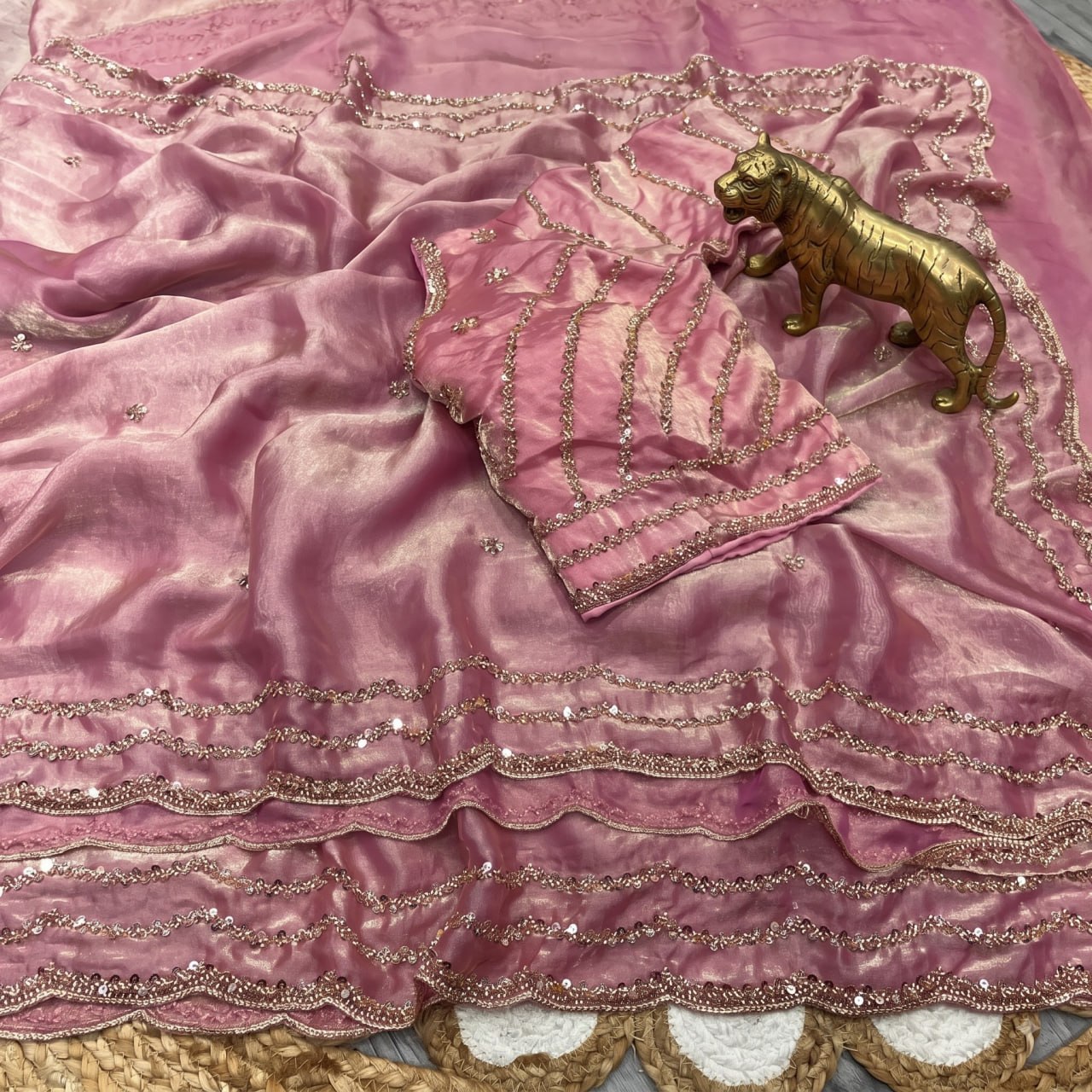 Pure Fandy Sattin Silk With Beautiful Original Rose Gold Beads Saree