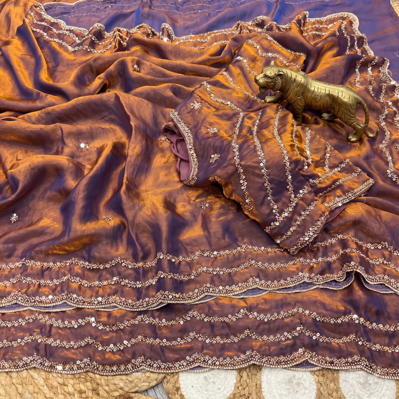 Pure Fandy Sattin Silk With Beautiful Original Rose Gold Beads Saree