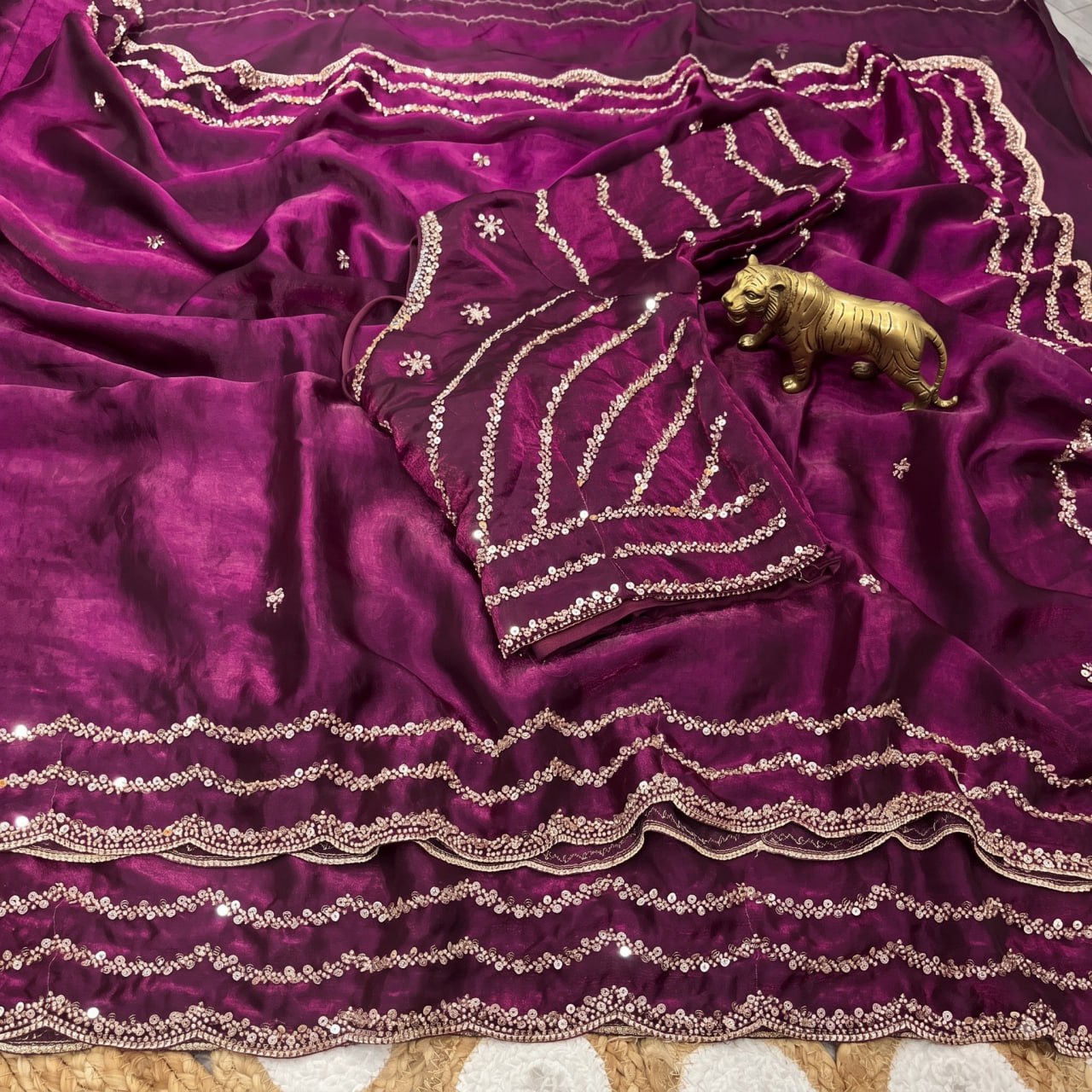 Pure Fandy Sattin Silk With Beautiful Original Rose Gold Beads Saree
