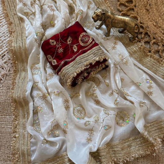 Pure Space Silk With Beautiful Gold Beeds (Bhungali) Work Saree